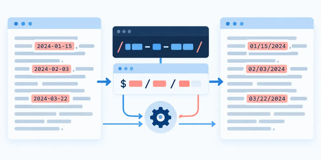 Regex replace flow from source text through a pattern to transformed output